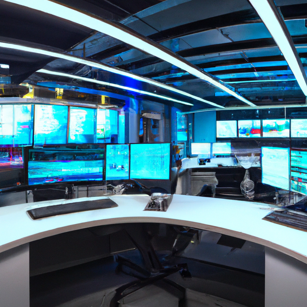 Suite de edición de noticias con múltiples monitores en una redacción moderna